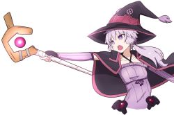Rule 34 | capelet, collarbone, commentary request, cosplay, criss-cross halter, detached sleeves, dress, fingerless gloves, flat chest, gloves, hair tubes, halterneck, hat, highres, kakihitoshirazu, kono subarashii sekai ni shukufuku wo!, long hair, megumin, megumin (cosplay), open mouth, outstretched arm, parody, purple capelet, purple dress, purple eyes, purple gloves, purple hair, purple headwear, short hair with long locks, sidelocks, staff, strapless, strapless dress, tube dress, upper body, v-shaped eyebrows, vocaloid, voiceroid, white background, witch hat, yuzuki yukari