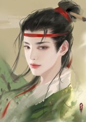 1boy asian black_eyes black_hair chinese_clothes chinese_commentary chinese_hairpin closed_mouth commentary_request expressionless eyelashes floating_clothes floating_hair forehead green_background green_hanfu hair_ribbon hanfu headband jiangnan_baijingtu long_hair male_focus nostrils pink_lips realistic red_headband red_ribbon ribbon shen_zhou_(jiangnan_baijingtu) simple_background solo thick_eyebrows thick_lips topknot upper_body wind ye_dian_pikaqiu