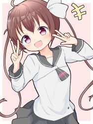 1girl brown_hair dot_nose double_v fang feet_out_of_frame female_focus hair_between_eyes highres long_hair long_sleeves looking_at_viewer momochi_tamate open_mouth purple_eyes school_uniform serafuku shirt skin_fang skirt slow_start solo standing tyometyome_xxxx v white_shirt winter_uniform