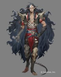 1boy ahoge armor bandaged_leg bandages black_boots black_hair boots claws commentary_request company_name dragon_boy dragon_tail earrings fog green_eyes highres jacket jewelry knee_pads long_bangs long_hair magic male_focus muscular muscular_male nanbo_ataru_(attall) necklace official_art open_clothes open_jacket parted_lips pointy_ears scales scar scar_across_eye scar_on_face shadowverse shoulder_armor smirk solo standing tail valdain_(shadowverse) very_long_hair