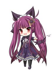 Rule 34 | absurdres, alucard lore, artist name, black cloak, black dress, bow, chibi, cloak, dated, dress, emil chronicle online, familiar, fangs, frilled bow, frilled dress, frills, hair bow, highres, long hair, pantyhose, pointing, purple hair, red eyes, twintails, white background, yanapy