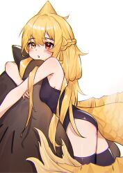1girl armpit_crease bare_shoulders bilibili_12047659 black_one-piece_swimsuit black_thighhighs blonde_hair blush braid breasts chinese_commentary commentary_request dot_nose fins fish_tail from_side hair_between_eyes heterochromia highres hug indie_virtual_youtuber kaofish long_bangs long_hair looking_at_viewer one-piece_swimsuit open_mouth red_eyes shark_tail simple_background solo swimsuit tail thighhighs thighs white_background yellow_eyes