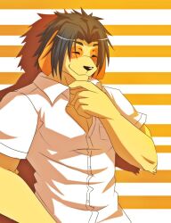 1boy animal_ears black_hair blush closed_eyes closed_mouth commentary dog_boy dog_ears english_commentary facing_viewer furry furry_male hand_on_own_chin highres kyouji_takahara male_focus morenatsu rabbity_art shirt smile white_shirt