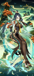 1girl absurdres adjusting_eyewear bird black_hair bodystocking closed_mouth cloud_retainer_(genshin_impact) colored_inner_hair commentary_request crane_(animal) crossed_legs earrings feathered_wings full_body genshin_impact glasses green_eyes green_hair hand_on_eyewear hand_up high_heels high_ponytail highres jewelry lengchan_(fu626878068) long_hair long_sleeves looking_at_viewer multicolored_hair parted_bangs ponytail red-framed_eyewear semi-rimless_eyewear smile solo tassel tassel_earrings two-tone_hair under-rim_eyewear very_long_hair wings xianyun_(genshin_impact)