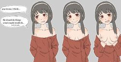 1girl arms_behind_back black_hair blush breasts breasts_out clothes_pull dress dress_pull earrings english_text grey_background highres jewelry looking_at_viewer medium_hair multiple_views no_bra open_mouth pantsu-ripper pulling_own_clothes red_dress red_eyes simple_background small_breasts smile solo_focus speech_bubble spy_x_family sweater sweater_dress talking undressing white_hair yor_briar