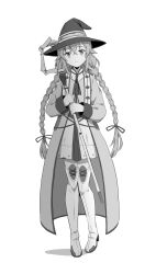 Rule 34 | 1girl, boots, braid, braided twintails, commentary request, crossed bangs, greyscale, hair between eyes, hat, highres, holding, holding staff, light smile, long sleeves, looking at viewer, low twintails, mage staff, monochrome, mushoku tensei, pigeon-toed, po (podi mahattaya), roxy migurdia, simple background, smile, solo, staff, standing, thigh boots, twin braids, twintails, white background, witch hat