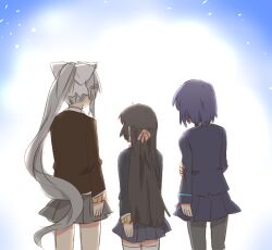 3girls black_hair black_jacket black_skirt blazer bow braid brown_sweater cowboy_shot from_behind grey_hair grey_pantyhose grey_skirt hair_bow hair_ornament hairclip hand_on_own_elbow higuchi_kaede higuchi_kaede_(1st_costume) jacket jk_gumi_(nijisanji) long_hair long_sleeves multiple_girls nijisanji pantyhose pleated_skirt ponytail purple_hair rebecca_(keinelove) shizuka_rin shizuka_rin_(1st_costume) skirt sleeves_past_wrists sweater thighhighs tsukino_mito tsukino_mito_(1st_costume) very_long_hair virtual_youtuber white_bow white_thighhighs