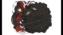 1girl absurdres black_dress brown_hair cape crazy_smile dress highres kagura_(senran_kagura) long_hair long_sleeves non-web_source official_art open_mouth pillarboxed pink_eyes red_cape senran_kagura senran_kagura_burst_re:newal smile solo symbol-shaped_pupils white_background yaegashi_nan