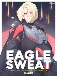 1girl absurdres armor atmospheric_reentry black_cape blonde_hair breasts cape commentary coolpsyco copyright_name eagle_1_(helldivers) earrings english_commentary english_text helldivers_(series) hellpod_(helldivers) helmet highres holding holding_unworn_helmet jewelry large_breasts pilot pilot_suit pink_eyes poster_(medium) propaganda science_fiction short_hair signature skull solo space spacesuit star_(sky) sweatdrop unworn_headwear unworn_helmet