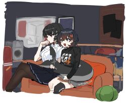 2girls belle_(zenless_zone_zero) black_choker black_hair black_pantyhose black_shirt black_skirt blush choker closed_mouth collared_shirt colored_inner_hair commentary_request couch cushion danji_bang ellen_joe ellen_joe_(on_campus) fins fish_tail green_eyes grey_skirt hair_ornament highres indoors korean_commentary letter_hair_ornament long_sleeves multicolored_hair multiple_girls on_couch open_mouth pantyhose pleated_skirt red_eyes red_hair school_uniform shark_tail shirt short_hair short_sleeves sitting skirt smile tail tail_around_waist white_shirt yuri zenless_zone_zero