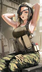 Rule 34 | 1girl, ammunition pouch, armpits, artist name, black hair, blonde hair, blue eyes, braid, braided ponytail, camouflage, camouflage pants, cigarette pack, commentary, dgkamikaze, english text, eyepatch, girls&#039; frontline, gloves, green tank top, highres, holding, holding towel, long hair, looking at viewer, m16a1 (girls&#039; frontline), magazine (weapon), marlboro, multicolored hair, open mouth, pants, pouch, scar, scar on face, sidelocks, single braid, sitting, solo, streaked hair, tank top, towel, two-tone hair, unworn gloves