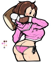 1girl ass bikini black_eyes breasts brown_hair brown_mittens butt_crack closed_mouth color_guide cropped_legs fur-trimmed_hood fur-trimmed_jacket fur-trimmed_sleeves fur_trim hammer hood hood_down ice_climber jacket large_breasts long_sleeves mittens name_omoitukan2 nana_(ice_climber) nintendo pink_bikini pink_jacket shiny_skin short_hair side-tie_bikini_bottom simple_background smile solo swimsuit thick_lineart white_background