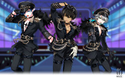 Rule 34 | 3boys, ainchase ishmael, audience, bandaged hand, bandages, belt, black belt, black gloves, black hair, black hat, black jacket, black pants, blue hair, blurry, blurry background, chain belt, chest tattoo, ciel (elsword), collarbone, collared jacket, colored inner hair, cowboy shot, dark-skinned male, dark skin, depth of field, determined, dress pants, elsword, epaulettes, facial scar, fur-trimmed jacket, fur trim, game cg, gloves, glowstick, green eyes, grey hair, hair between eyes, half gloves, hand on headwear, hand on own hip, hat, highres, hwansang, idol, jacket, lapels, logo, long sleeves, low ponytail, male focus, multicolored hair, multiple boys, night, official alternate costume, official art, outdoors, outstretched hand, pants, peaked cap, peaked lapels, pectoral cleavage, pectorals, penlight (glowstick), pointing, pointing at another, pointy ears, ponytail, raven cronwell, scar, scar on cheek, scar on face, second-party source, short hair, single glove, stage, standing, swept bangs, tattoo, thigh strap