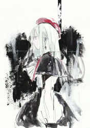1girl ascot bang_dream! bang_dream!_it&#039;s_mygo!!!!! beret black_capelet capelet closed_mouth commentary_request earrings green_hair hat highres jewelry kushima_yu long_hair marker_(medium) mixed_media mortis_(bang_dream!) painting_(medium) profile red_hat sidelocks solo traditional_media wakaba_mutsumi white_ascot