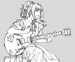 1girl capo_(guitar) dress electric_guitar fujii_tomo guitar idolmaster idolmaster_cinderella_girls instrument long_hair monochrome music open_mouth playing_instrument ponytail sidelocks sitting solo tv_nattou
