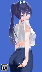1girl absurdres alternate_costume ass black_hair blue_background blue_eyes blue_pants commentary content_rating english_commentary grabbing_own_ass hair_intakes highres hololive hololive_english mahiruuu ouro_kronii pants ponytail shirt solo virtual_youtuber white_shirt