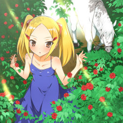 1girl aoyama_mio blonde_hair blue_dress dress female_focus flat_chest flower hair_ornament hairclip horse kami_nomi_zo_shiru_sekai rose rose_bush solo spaghetti_strap sunlight twintails yellow_eyes yuto_(dialique)