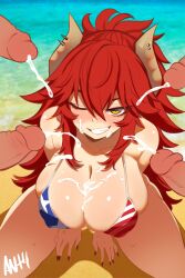 1girl 4boys absurdres american_flag american_flag_bikini american_flag_print antmongo beach bikini blush breasts collarbone covered_erect_nipples cum cum_on_body cum_on_breasts cum_on_upper_body dot_nose dragon_girl dragon_horns ejaculation eyelashes facial fingernails flag_print flag_print_bikini from_above grin hands_between_legs hetero highres horn_piercing horns huge_breasts leaning_forward long_hair looking_at_viewer looking_up multiple_boys nail_polish naughty_face outdoors penis piercing ponytail print_bikini purple_nails red_hair sand sharp_fingernails sitting smile smug solo_focus surrounded surrounded_by_penises swimsuit teeth textless_version uncensored virtual_youtuber vshojo wariza water yellow_eyes zentreya zentreya_(cowboy_bikini) zentreya_(dragon)