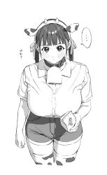 ... 1girl absurdres animal_ear_hairband animal_ears animal_print bell blush breasts closed_mouth collar collared_shirt cow_ear_hairband cow_ears cow_girl cow_horns cow_print cow_print_thighhighs cowbell cowboy_shot dress_shirt drinking_straw fake_animal_ears fake_horns futao_miruku_(riki) greyscale hair_ribbon hairband highres holding holding_milk_carton horn_hairband horns large_breasts long_hair looking_at_viewer milk_carton mole mole_under_eye monochrome neck_bell original print_thighhighs ribbon riki_(riki_unc) shirt short_shorts short_sleeves shorts sidelocks simple_background solo spoken_ellipsis thighhighs twintails white_background
