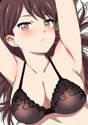 1girl absurdres armpits arms_up bang_dream! bang_dream!_it&#039;s_mygo!!!!! black_bra blush box_wonderland bra breasts brown_eyes brown_hair cleavage collarbone commentary embarrassed highres lace lace-trimmed_bra lace_trim large_breasts long_hair looking_at_viewer lying mole mole_under_eye nose_blush on_back paid_reward_available parted_lips shiina_taki simple_background solo solo_focus underwear upper_body