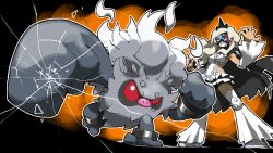 1girl anger_vein annihilape black_background blacknirrow broken_glass cape clenched_hands crack cracked_glass eri_(pokemon) facepaint glass hand_up highres hip_vent long_hair nintendo outline pokemon pokemon_(creature) pokemon_sv punching red_eyes shirt skirt standing team_star teeth white_eyes white_footwear white_hair white_outline white_shirt white_skirt