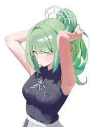 1girl absurdres armpits arms_up bare_arms bare_shoulders black_shirt blue_eyes blush breasts brooch closed_mouth collared_shirt commentary_request green_hair hair_ornament highres jewelry korean_commentary long_hair looking_at_viewer medium_breasts no_jacket ponytail rahwol177 shirt shirt_tucked_in simple_background skirt sleeveless sleeveless_shirt solo stellive sweat upper_body virtual_youtuber white_background white_skirt yuzuha_riko