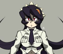 Rule 34 | 1girl, arms at sides, black hair, breasts, facing viewer, female focus, filia (skullgirls), frown, grey background, long hair, machinster, navel, necktie, red eyes, samson (skullgirls), school uniform, sharp teeth, shirt, simple background, skullgirls, solo, solo focus, stomach, teeth, unusual pupils, white shirt, yellow eyes