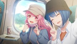 2girls :d ^_^ black_hat blue_hair blue_sweater blurry bob_cut bokeh bucket_hat cellphone charger closed_eyes collarbone colorful_palette depth_of_field drink drinking_straw fang game_cg hair_between_eyes hat heart heart_necklace highres jewelry kiritani_haruka long_hair long_sleeves looking_at_viewer mask momoi_airi mountain mouth_mask multiple_girls necklace official_art open_mouth phone pink_eyes pink_hair project_sekai puffy_long_sleeves puffy_sleeves shirt smartphone smile sono_te_michibiku_nukumori_wa_(project_sekai) sweater third-party_source tongue white_hat white_shirt