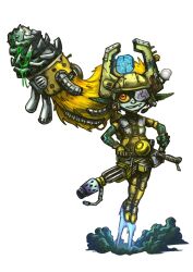 1girl absurdres armor colored_sclera cosplay deep_rock_galactic display drill driller_(deep_rock_galactic) driller_(deep_rock_galactic)_(cosplay) fang flamethrower flying full_body gloves headlamp headset helmet highres holding holding_weapon hose industrial_pipe jet_boots joe_duncan microphone midna nintendo orange_eyes power_armor power_drill prehensile_hair rocket_boots simple_background smoke solo the_legend_of_zelda the_legend_of_zelda:_twilight_princess weapon white_background yellow_armor yellow_gloves yellow_sclera