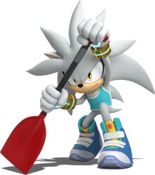 1boy 3d animal_ears animal_nose arms_up blue_shirt blue_shoes body_fur bottomless closed_mouth full_body furry furry_male grey_fur grey_hair heel_up holding holding_paddle long_hair looking_afar male_focus mario_&amp;_sonic_(series) mario_&amp;_sonic_at_the_tokyo_2020_olympic_games neck_fur official_art outstretched_arm paddle rowing serious shirt shoes sideways_mouth silver_the_hedgehog simple_background sleeveless sleeveless_shirt solo sonic_(series) spiked_hair standing tail third-party_source transparent_background two-tone_fur white_fur white_trim yellow_eyes