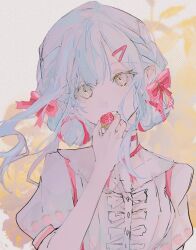 Rule 34 | 1girl, bang dream!, bang dream! it&#039;s mygo!!!!!, blue hair, bow, commentary request, food, fruit, hair bow, hair ornament, hairclip, highres, holding, holding food, holding fruit, looking at viewer, pink bow, shirt, short hair with long locks, sidelocks, solo, strawberry, sweets paradise, togawa sakiko, white shirt, yellow eyes, yi chuan xian hua