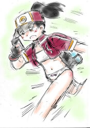 1girl backpack bag baseball_cap black_gloves black_hair blush bottle bow bow_panties bra brown_eyes cellphone female_protagonist_(pokemon_go) fingerless_gloves gloves hat holding holding_phone jacket long_hair looking_at_phone navel nintendo open_clothes open_jacket open_mouth panties phone poke_ball poke_ball_print poke_ball_symbol pokemon pokemon_go ponytail print_headwear red_hat red_jacket running short_sleeves smartphone su_(pixiv_263717) sweat underwear water_bottle white_bra white_panties