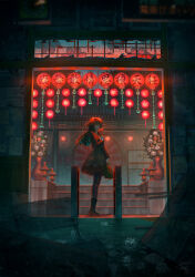 1girl bag black_boots black_pantyhose blunt_bangs boots brown_bag dated flower hair_ribbon highres holding holding_bag holding_flower long_hair looking_at_viewer original pantyhose pleated_skirt red_eyes red_flower ribbon shrine shuu_illust signature skirt solo spider_lily