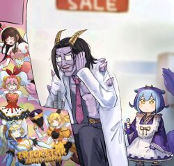 apron arcade arcade_cabinet blonde_hair blue_eyes blue_hair blue_sclera breasts cameo cleavage coin colored_sclera compound_eyes dragon_girl dragon_horns dragon_tail dress duel_monster elbow_gloves facial_mark facial_tattoo fairy_wings gloves hatano_kiyoshi holding horns indoors kozaky lace-trimmed_apron lace_trim large_breasts laundry_dragonmaid long_hair long_sleeves maid maid_apron multicolored_hair multiple_girls open_mouth playing_games short_hair smile tail tattoo trickstar_candina trickstar_holly_angel trickstar_lilybell trickstar_lycoris video_game wa_maid wings yellow_eyes yu-gi-oh!