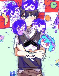 Rule 34 | 1boy, animalization, antenna hair, apple, aubrey (headspace) (omori), aubrey (omori), bailan1130, banana, basil (headspace) (omori), basil (omori), black eyes, black hair, black sweater vest, blanket, blush, brown shorts, cat, checkered blanket, closed mouth, collared shirt, dog, food, fruit, grapes, green hair, hero (headspace) (omori), hero (omori), highres, kel (headspace) (omori), kel (omori), knife, lying, male focus, mari (headspace) (omori), mari (omori), omori, omori (omori), on back, orange (fruit), picnic blanket, purple eyes, purple hair, rabbit, red eyes, shirt, short sleeves, shorts, solo, sweater vest, white shirt