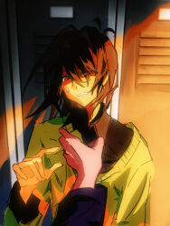 1other absurdres black_shirt brown_hair chinese_commentary clothes_grab collar_grab collared_shirt colored_skin commentary deltarune green_sweater highres ji_dong_ele kris_(deltarune) locker medium_hair neckwear_grab pov pov_hands red_eyes shirt small_sweatdrop sweater yellow_skin