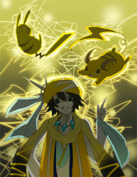 beret black_hair blue_eyes coat creatures_(company) electricity game_freak gen_1_pokemon hair_between_eyes hat japanese_clothes kimono long_bangs magatama nintendo open_mouth pikachu pokemon pokemon_conquest raichu scarf sengoku_musou tail takenaka_hanbei