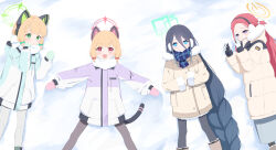 4girls absurdly_long_hair absurdres animal_ear_headphones animal_ears aqua_coat aris_(blue_archive) aris_(winter)_(blue_archive) black_gloves black_hairband black_pantyhose black_tail blonde_hair blue_archive blue_eyes blue_scarf blunt_bangs blush boots bow braid bright_pupils brown_boots brown_coat brown_mittens buttons cat_ear_headphones cat_ears cat_tail chinese_commentary closed_mouth coat commentary curled_fingers dot_nose earmuffs fake_animal_ears fake_tail feet_out_of_frame from_above fur-trimmed_boots fur-trimmed_coat fur-trimmed_sleeves fur_trim furrowed_brow game_development_department_(blue_archive) gloves green_bow green_eyes green_halo green_mittens grey_boots grey_pantyhose grey_skirt hair_between_eyes hair_bow hairband halo hands_on_own_chest hands_up headphones highres hood hood_down hooded_coat kong_yu lace-up_boots long_bangs long_hair long_hair_between_eyes long_skirt long_sleeves looking_at_viewer low-braided_long_hair low-tied_long_hair low-tied_sidelocks lying midori_(blue_archive) midori_(winter)_(blue_archive) miniskirt mittens momoi_(blue_archive) momoi_(winter)_(blue_archive) multicolored_coat multiple_girls multiple_hair_bows official_alternate_costume official_alternate_hairstyle on_back on_ground open_mouth outstretched_arms own_hands_together padded_coat pantyhose parted_bangs parted_lips pigeon-toed pink_eyes pink_halo pink_mittens plaid_clothes plaid_scarf pleated_skirt pocket power_symbol puffy_long_sleeves puffy_sleeves purple_coat purple_eyes rectangular_halo red_bow ringed_eyes scarf scarf_bow short_hair sidelocks single_braid skirt smile snow split_mouth spread_arms spread_legs tail tareme text_print two-tone_gloves very_long_hair white_bow white_gloves white_scarf white_skirt winter winter_clothes yellow_halo yuzu_(blue_archive) yuzu_(winter)_(blue_archive) zipper zipper_pull_tab