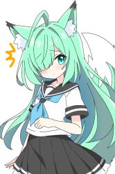 1girl ^^^ ahoge animal_ear_fluff animal_ears black_sailor_collar black_skirt blue_neckerchief blush closed_mouth commentary_request cowboy_shot dot_nose fox_ears fox_girl fox_tail frilled_skirt frills furrowed_brow green-haired_fox_girl_(kotatsu-mazoku) green_eyes green_hair hair_over_one_eye highres kotatsu-mazoku long_hair looking_at_viewer neckerchief original pleated_skirt sailor_collar school_uniform serafuku shirt short_sleeves simple_background skirt solo tail white_background white_shirt