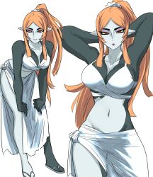 1girl alternate_costume alternate_hairstyle arms_behind_head bare_shoulders bikini black_skin breasts cleavage collarbone colored_sclera colored_skin grey_skin highres large_breasts leaning_forward looking_at_viewer midna midna_(true) midriff multicolored_skin multiple_views nasu_(ilo_a5) navel nintendo orange_hair pointy_ears ponytail red_eyes sarong simple_background smile swimsuit the_legend_of_zelda the_legend_of_zelda:_twilight_princess two-tone_skin white_background white_bikini white_sarong yellow_sclera
