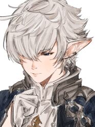Rule 34 | 1boy, alphinaud leveilleur, arm up, blue eyes, blue jacket, closed mouth, collared jacket, collared shirt, earrings, final fantasy, final fantasy vii, final fantasy vii remake, gloves, hair over one eye, hutaba 0718, jacket, jewelry, long pointy ears, looking down, male focus, one eye covered, open clothes, open jacket, parted bangs, piercing, pointy ears, popped collar, portrait, shirt, simple background, single earring, solo, white background, white gloves, white hair, white shirt