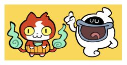 2boys :3 absurdres billspooks cat chibi chibi_only colored_sclera ghost hand_up haramaki highres index_finger_raised jibanyan multiple_boys multiple_tails nekomata notched_ear open_mouth slit_pupils smile tail tongue traditional_youkai two_tails whisper_(youkai_watch) yellow_sclera youkai_(youkai_watch) youkai_watch