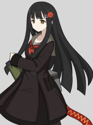 1girl black_hair black_skirt collarbone cowboy_shot dot_nose grey_sailor_collar gun hair_ornament hairpin highres holding holding_gun holding_weapon light_frown lisichka_(sentinel_girls) long_bangs long_hair long_sleeves looking_ahead neckerchief red_neckerchief rifle sailor_collar sentinel_girls sidelocks simple_background sironuigurumi skirt sleeve_cuffs smiley_hair_ornament solo v-shaped_eyebrows very_long_hair weapon white_background yellow_eyes