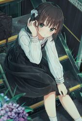 1girl bag black_dress black_hair blue_flower blush closed_mouth commentary_request dress enuni feet_out_of_frame flower green_eyes hand_up highres long_sleeves looking_at_viewer original pinafore_dress pleated_dress puffy_long_sleeves puffy_sleeves purple_flower rain sailor_collar school_bag school_uniform see-through_clothes see-through_shirt shirt sitting sitting_on_stairs sleeveless sleeveless_dress socks solo stairs twintails wet wet_clothes wet_shirt white_sailor_collar white_shirt white_socks