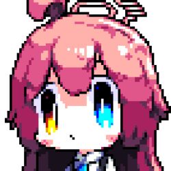1girl animated animated_gif blue_archive blue_eyes blue_necktie blush_stickers bright_pupils chibi closed_eyes closed_mouth collared_shirt downvote_(downvote_me) halo heterochromia hoshino_(blue_archive) long_hair necktie no_nose pink_hair pink_halo pixel_art shirt slimification solo white_pupils white_shirt yellow_eyes