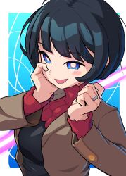 1girl black_hair black_sweater blue_background blue_eyes border bright_pupils brown_jacket gundam gundam_gquuuuuux hand_on_own_face highres jacket jewelry long_sleeves looking_at_viewer open_clothes open_jacket open_mouth red_sweater ring shiiko_sugai short_hair smile solo sweater turtleneck turtleneck_sweater two-tone_sweater upper_body user_vcxf2247 white_border white_pupils