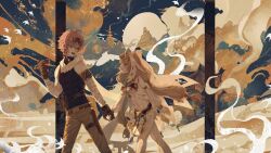 1boy 1girl a_pi ahoge bandaged_arm bandages bare_shoulders belt bilibili_1907584 black_vest blonde_hair blush braid breasts c_chan_(vtuber) chinese_commentary commentary_request commission denim detached_sleeves floating_hair gem gloves goggles goggles_on_head green_eyes hand_up highres holding_hands indie_virtual_youtuber jeans long_hair looking_at_another navel open_mouth pants pink_hair red_eyes scarf second-party_source smile underboob vest walking white_scarf