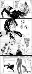 4boys 4koma argyle black_hair braid cloud cloudy_sky comic giorno_giovanna greyscale illuso jojo_no_kimyou_na_bouken leone_abbacchio long_hair male_focus monochrome multiple_boys outdoors pannacotta_fugo purple_haze_(stand) quin_tails ruins running sky sweat utano vento_aureo