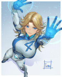 Rule 34 | 1girl, animification, blonde hair, blue bodysuit, blue eyes, blue jumpsuit, bodysuit, breasts, earrings, fantastic four, foreshortening, gloves, highres, jewelry, jumpsuit, large breasts, long hair, looking at viewer, marvel, marvel rivals, medium breasts, multicolored bodysuit, smile, solo, sue storm, superhero costume, thighs, tomo eokaiteru, two-tone bodysuit, white background, white bodysuit