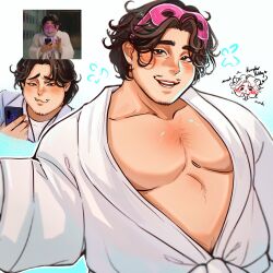 Rule 34 | 1boy, bara, beard stubble, belly, black hair, blush, bobby (kpop demon hunters), chibi, closed mouth, collarbone, commentary, english commentary, english text, eye mask, facial hair, fat, fat man, highres, holding, holding phone, kinzlev, kpop demon hunters, looking at phone, looking at viewer, male focus, multiple views, open mouth, pectoral cleavage, pectorals, phone, reference inset, smile, sparse chest hair, stubble